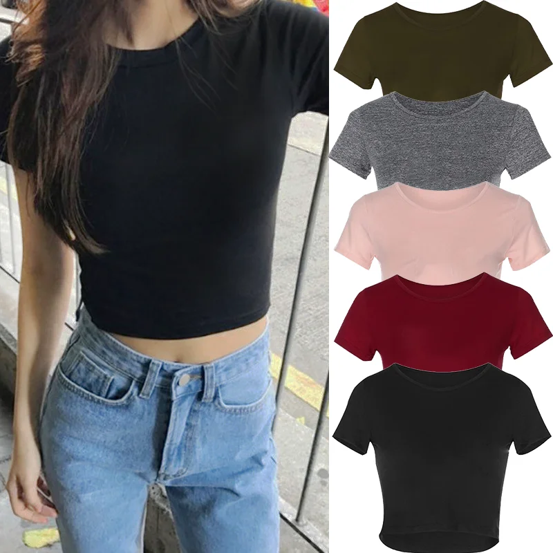 

New women's summer short sleeved casual round neck slim fit high elasticity exposed navel T-shirt top