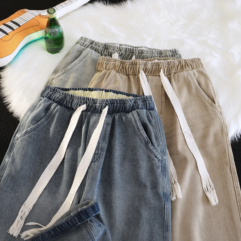 

Модные мужские джинсы с эластичным поясом и широкими штанинами, однотонные, повседневные, свободного прямого кроя, длинные брюки, осенняя новинка