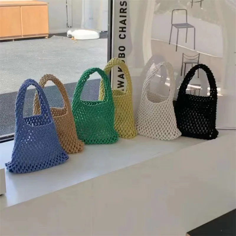 Summer Hand Woven Tote Bags Knitting Crochet Beach Shoulder Bag Hollow Out Handbag Ladies Knitting Straw Rope Underarm Bag