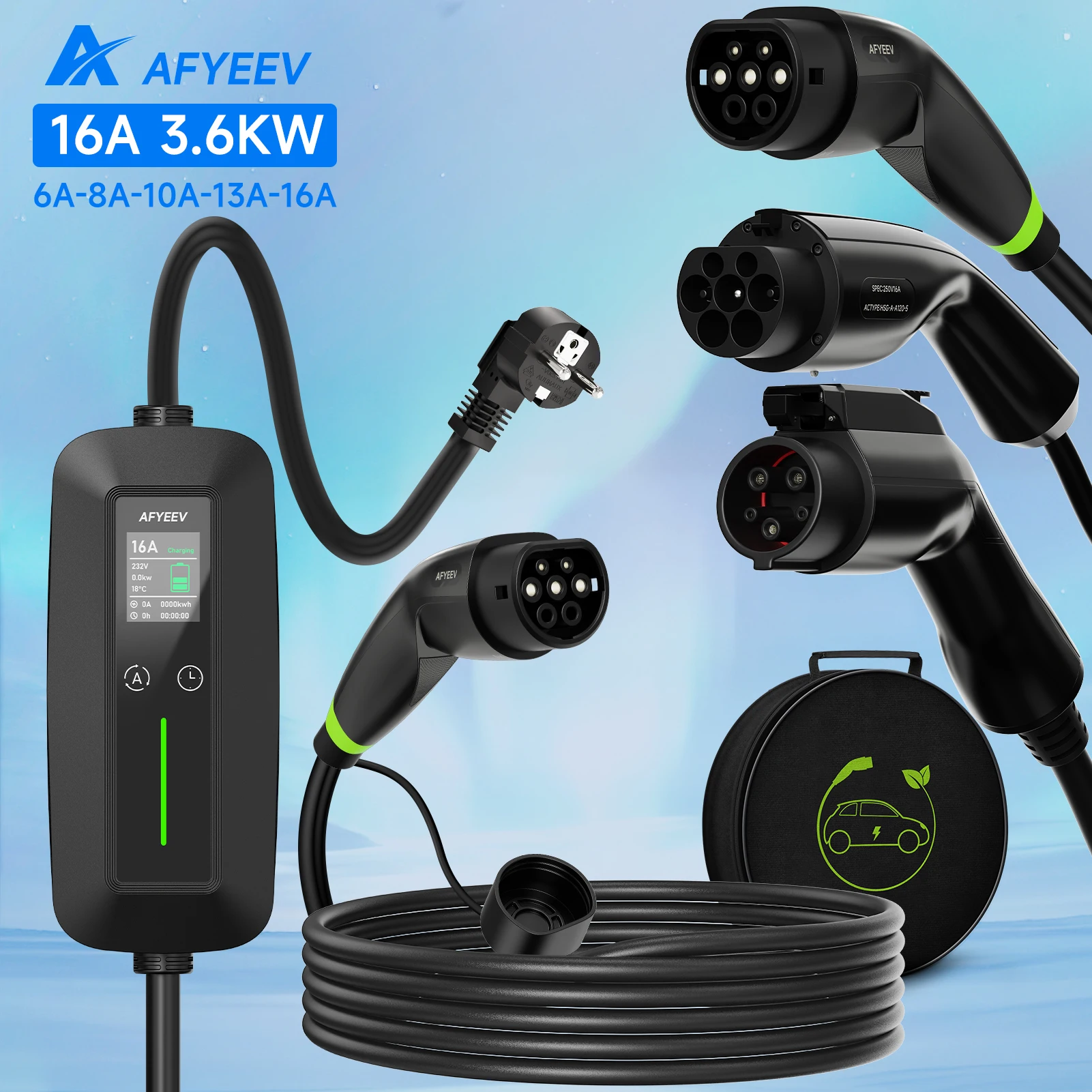 AFYEEV 3.6KW 16A Type2 IEC62196-2 EV Charger Portable Type1 SAE J1772 Electric Car Charger GB/T EVSE Charging Cable EU Plug