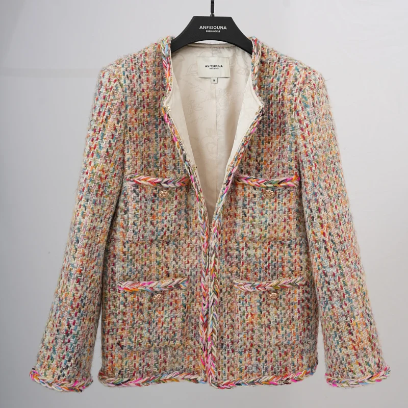 French Small Fragrant Wool Tweed Coat Women Color Brushed Hand-woven Lace High Quality Casual Long Sleeve Lady Jacket