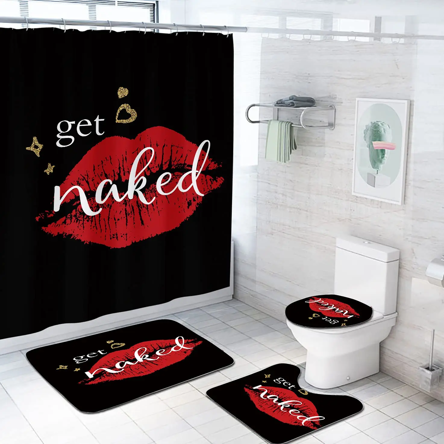 

Get Naked Shower Curtain Sets with Non-Slip Rug Toilet Lid Cover Bath Mat Sexy Lips Bathroom Curtains Set Red Kiss Waterproof