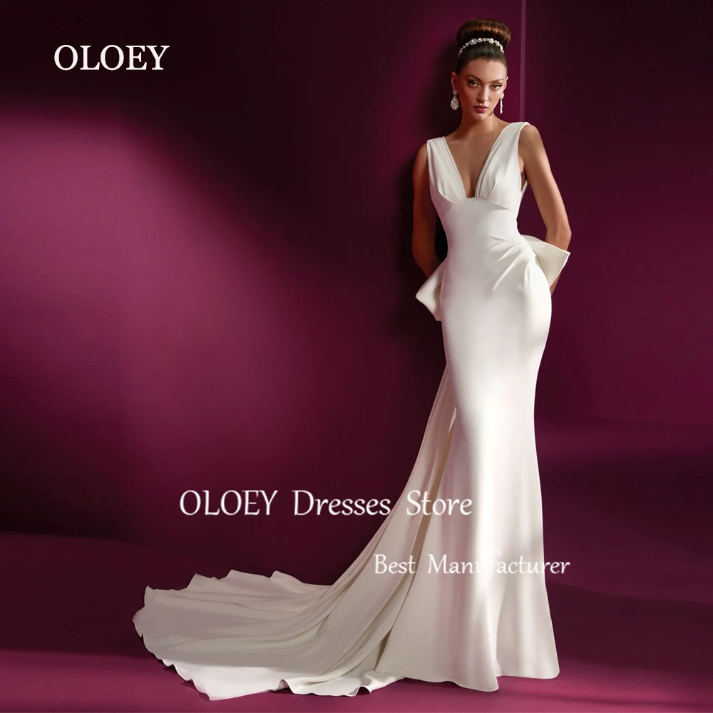 

OLOEY Sexy V Neck Mermaid Wedding Dress Backless Ivory Bridal Gown Floor Length Sweep Train Custom Made Vestidos De Novia