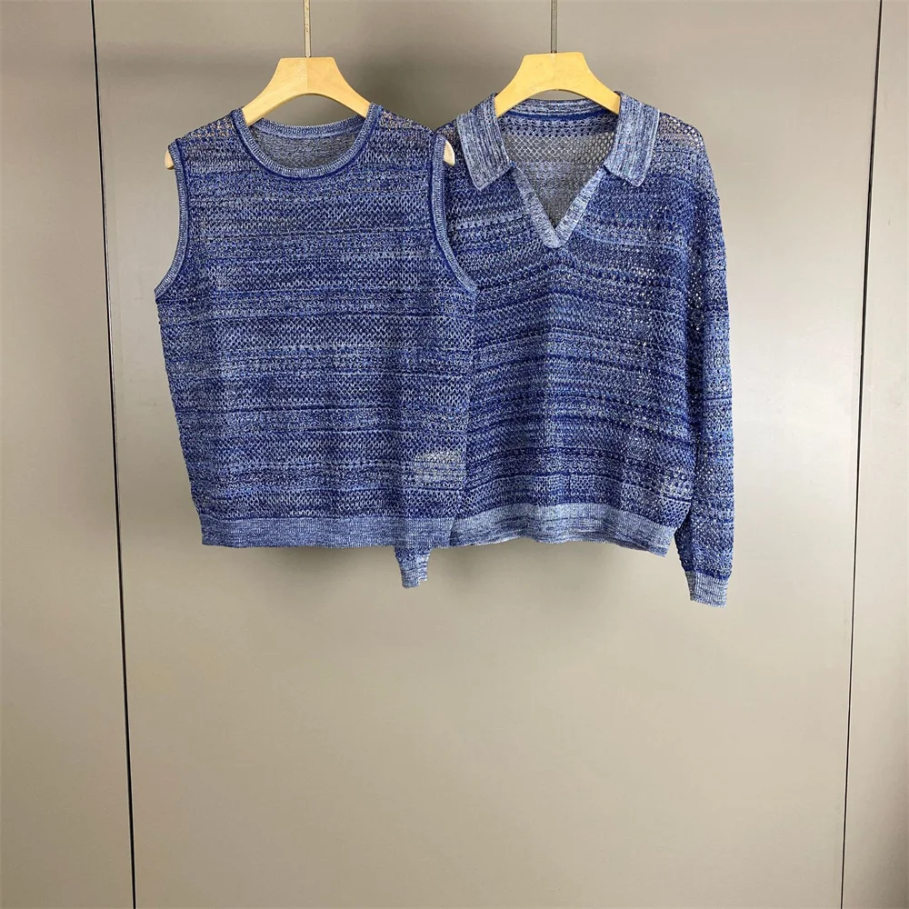

2026 Spring/Summer Women's Linen Round Neck Hollow-out Knit Vest with Fashionable Commuter Long-sleeved Top