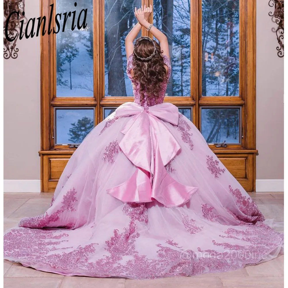 Vestidos de encaje de lentejuelas rosas para quinceañera, vestidos de baile de princesa de 15 y 16 años