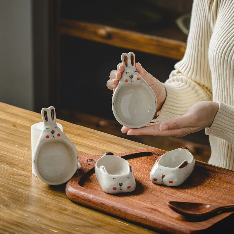 Korean Cartoon Cute Rabbit Ceramic Dip Plate Creative Restaurant Home Multifunctional Saucer Chopsticks Rest Seasoning Dish
