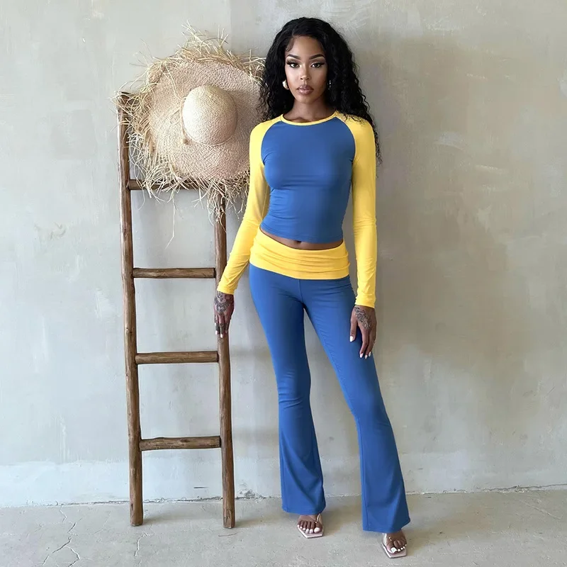 Patchwork di colore Casual Slim 2 pezzi Set Tute da donna O-Collo Manica lunga Crop Top + Pantaloni a zampa d'elefante Moda Abiti streetwear