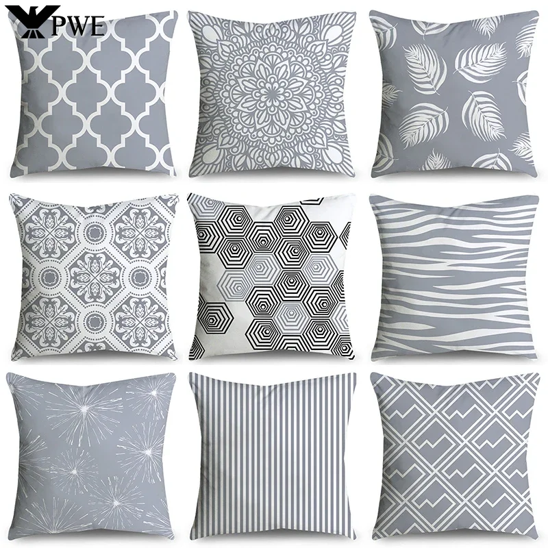 2023 Gray Lumbar Pillows Case 45X45CM Damask Geometry Leaves Floral Stripes Plaids Print Sofa Cushion Throw Pillows Decor Home