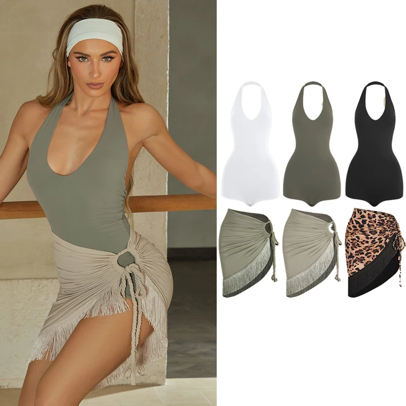 

Сексуальные костюмы для латинских танцев ча-ча, женский топ с лямкой на шее, юбка с кисточками для взрослых, женская румба, самба, одежда для латинских танцев SL13032