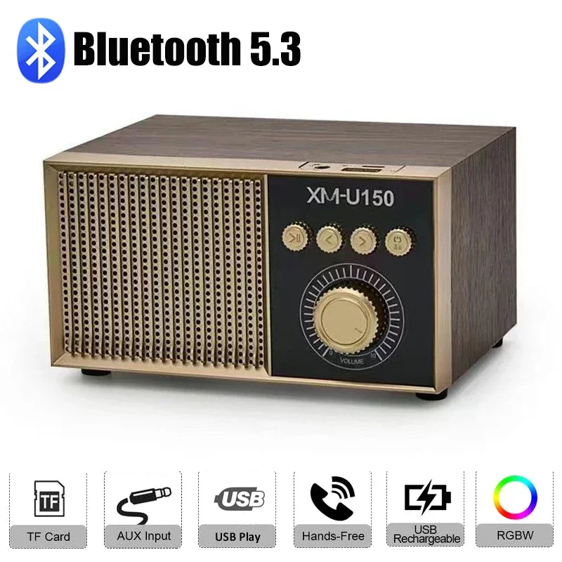 

Portable Retro Radio FM Receiver Wooden Bluetooth Speaker Subwoofer USB/TF/AUX MP3 Player Rechargeable Radio Support Handsfree