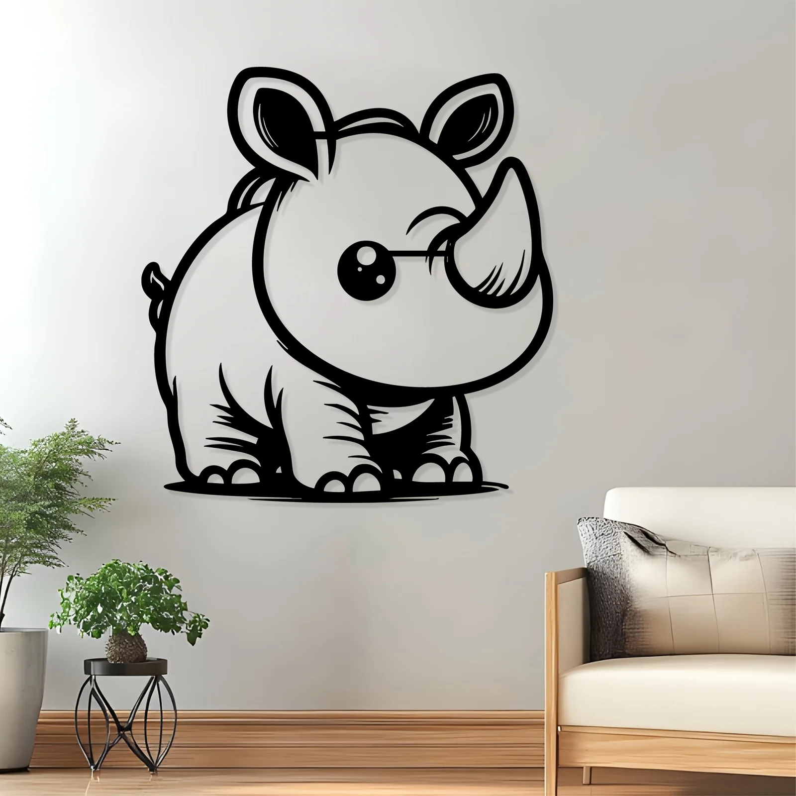 Cute Rhino Metal Wall Art, Rust-Resistant Iron Wildlife Statue Mural, Indoor Outdoor Decor for Kids Room & Backyard Fence