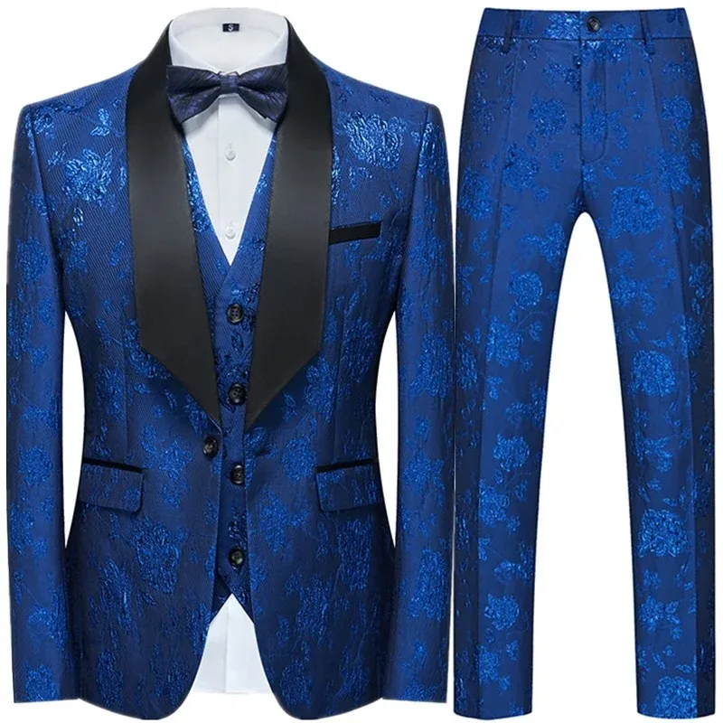 

New Men's Casual Business Wedding Flower Suits Coat Trousers 3 Pcs Set / Male Printed Dress Blazers Jacket Pants Vest