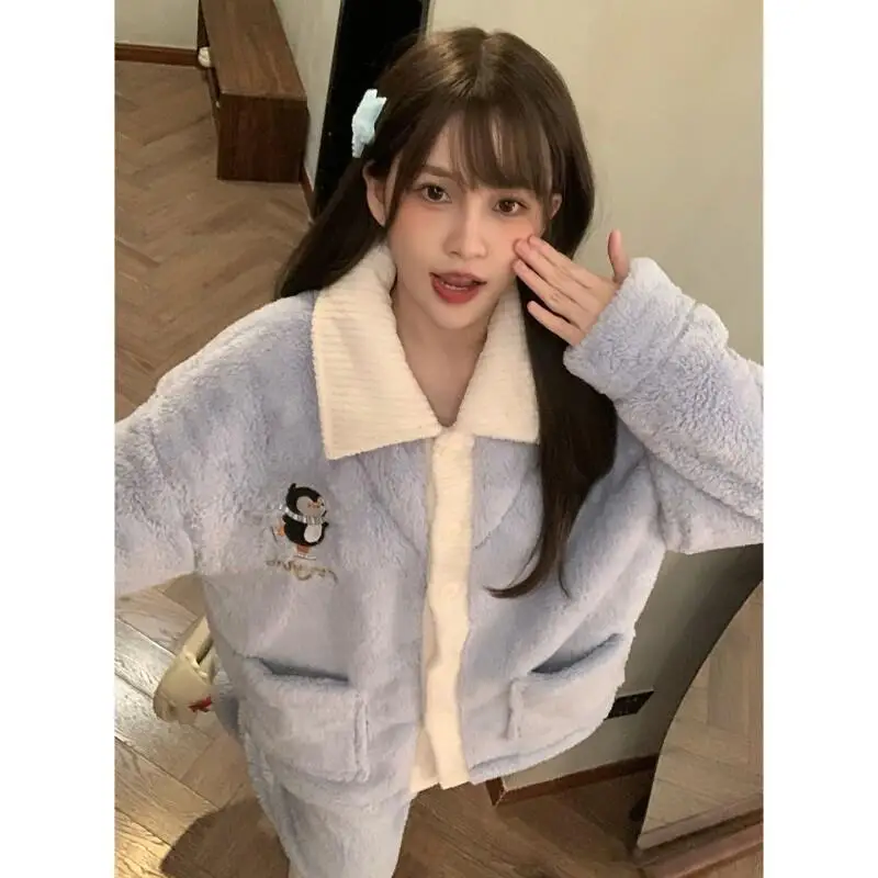 

New Cartoon Girl Nightwear Winter Women's Pajama Set Penguin Coral Fleece Sleepwear Cute Cozy Thick Outdoor Loungewear Homewear