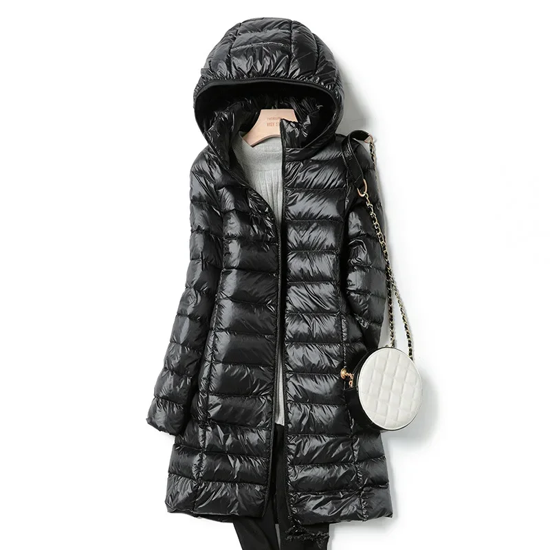 Autumn Winter New Light Down Jacket Women's Mid-length Strip Cap Slim Hooded Large Size White Duck Down Coat
