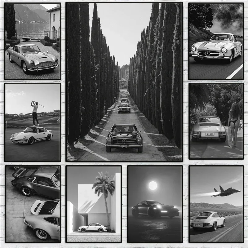 Black and White Super Car Photography Poster Luxury Fashion Brand Sports Car Vintage Fine Canvas Painting Living Room Home Decor
