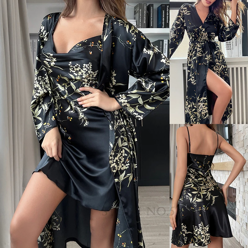 Women Bathrobe Sexy Lingerie Print Cherry Kimono Robe Gown With Suspender Strap Nightgown Suit Satin Rayon Summer Sleepwear