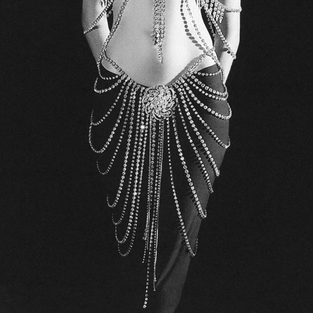 

Layered Silver Rhinestone Body Chain Skirt for Women Dance Flower Tassel Crystal Waist Chain Jewelry Catwalk Style Clothing
