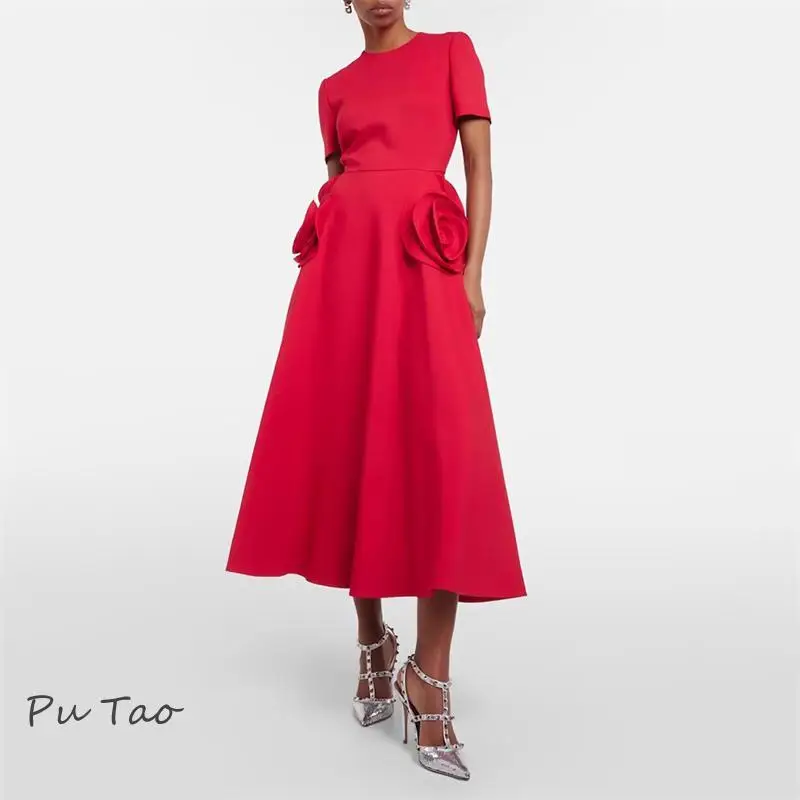 Putao Prom Dress 3d Flower Decorated Round Neck Cocktail Dress Spring And Summer New Fashion Loose Casual Mid-length Skirt