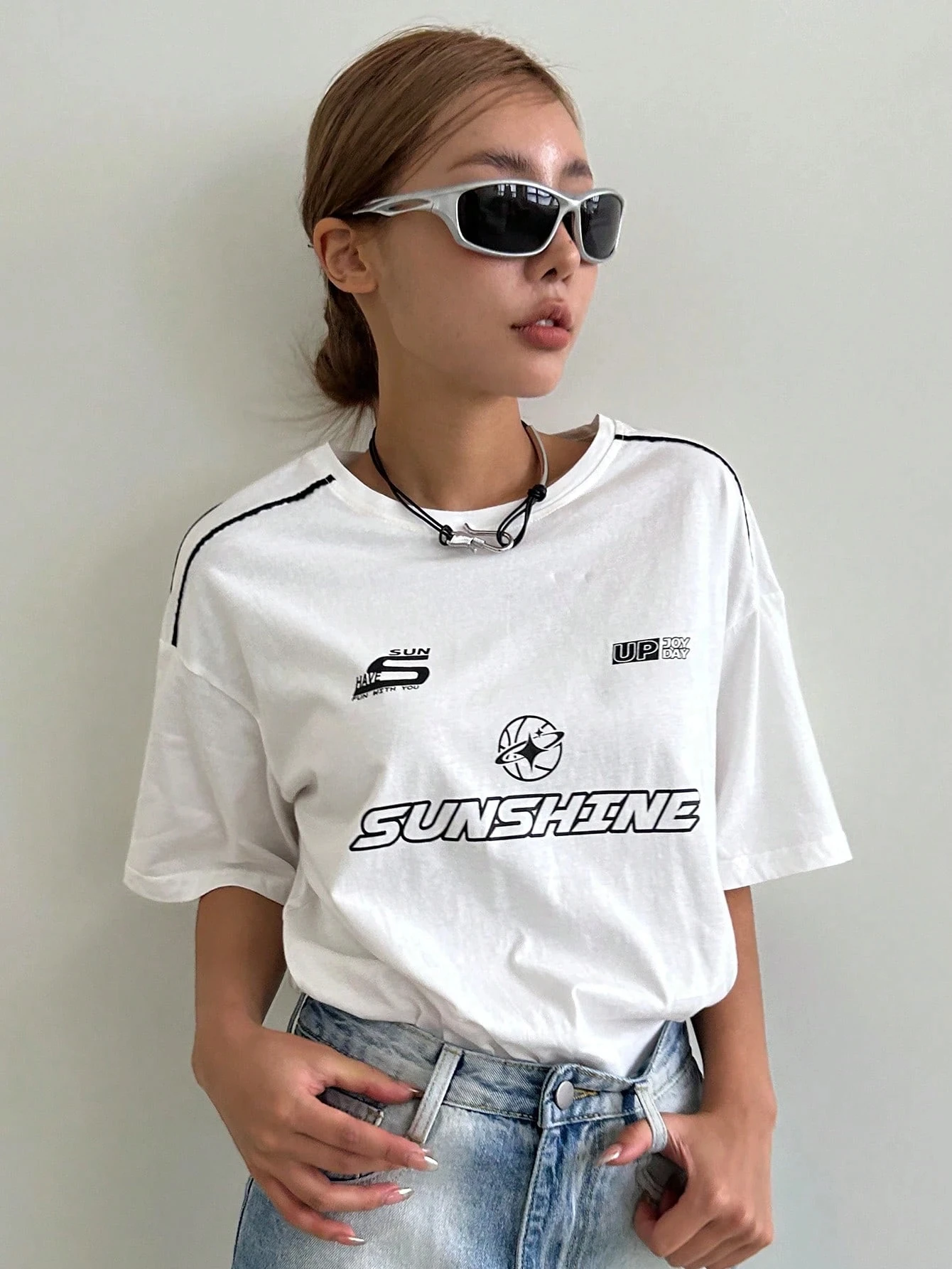 تي شيرت DAZY Letter Graphic Drop Shoulder تي شيرت كبير الحجم ملابس الشارع الشهير Preppy #6