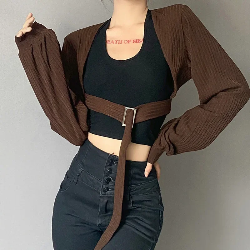 

2023 Autumn New Women's Solid Color Slim Body Navel Fashion Lantern Sleeve Cardigan Long-sleeved Casual Short Jacket Women