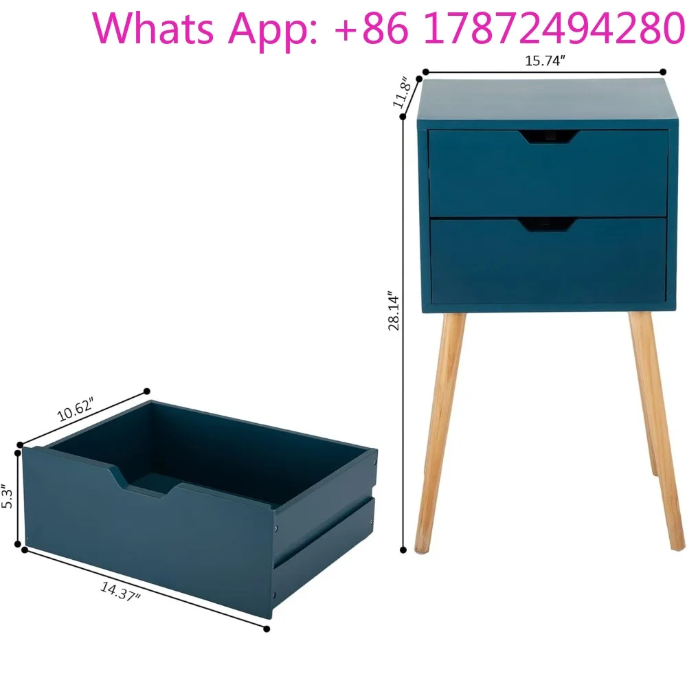Blue Nightstand  with 2 Drawers for Bedroom Wood, Mid Century Bedside Table for Living Room