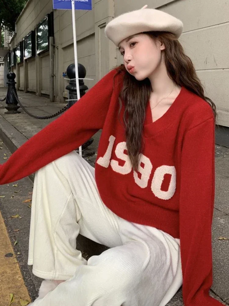 Jerséis para mujer otoño rojo Simple todo-fósforo suelto estudiantes Ulzzang carta elegante ocio moda cuello pico cómoda creatividad