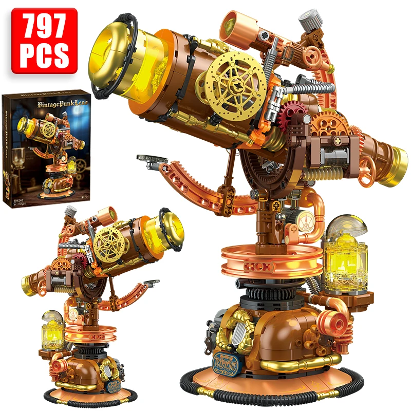 Creative 797Pcs Punk Mechanical Telescope with Light Building Blocks Technical Vintage Lens MOC Bricks Decoration Toys Kids Gift