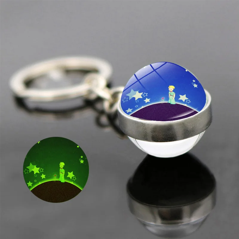 Little Prince Fox Keychain  Luminous Alien Planet Dream Garden Double Sided Glass Ball Pendant Car Bag Decoration Key Chain Gift