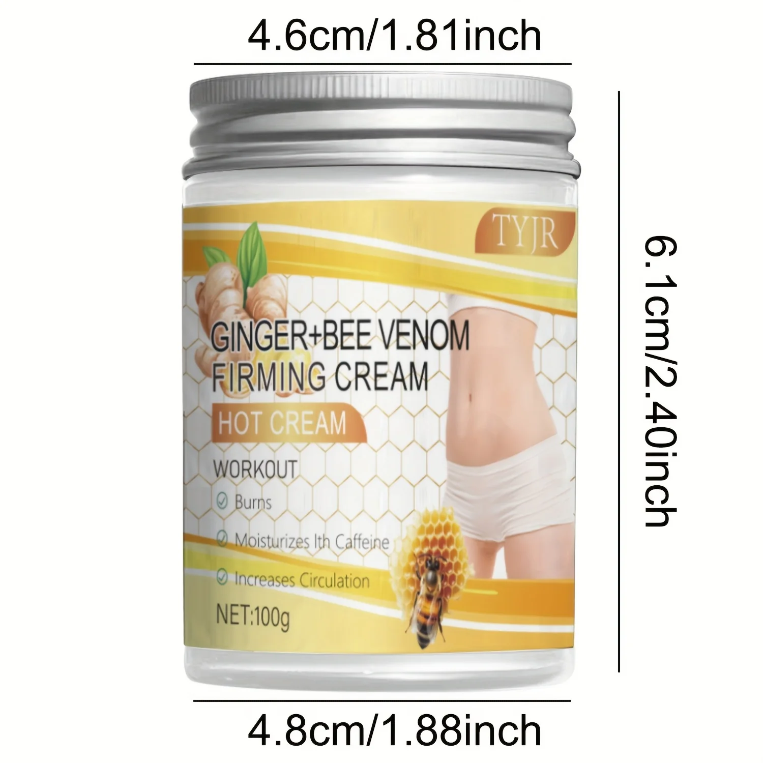 100 g de crema reafirmante de veneno de abeja y jengibre. Con aloe y café para firme y hidrata la piel en el abdomen, los brazos y las piernas.