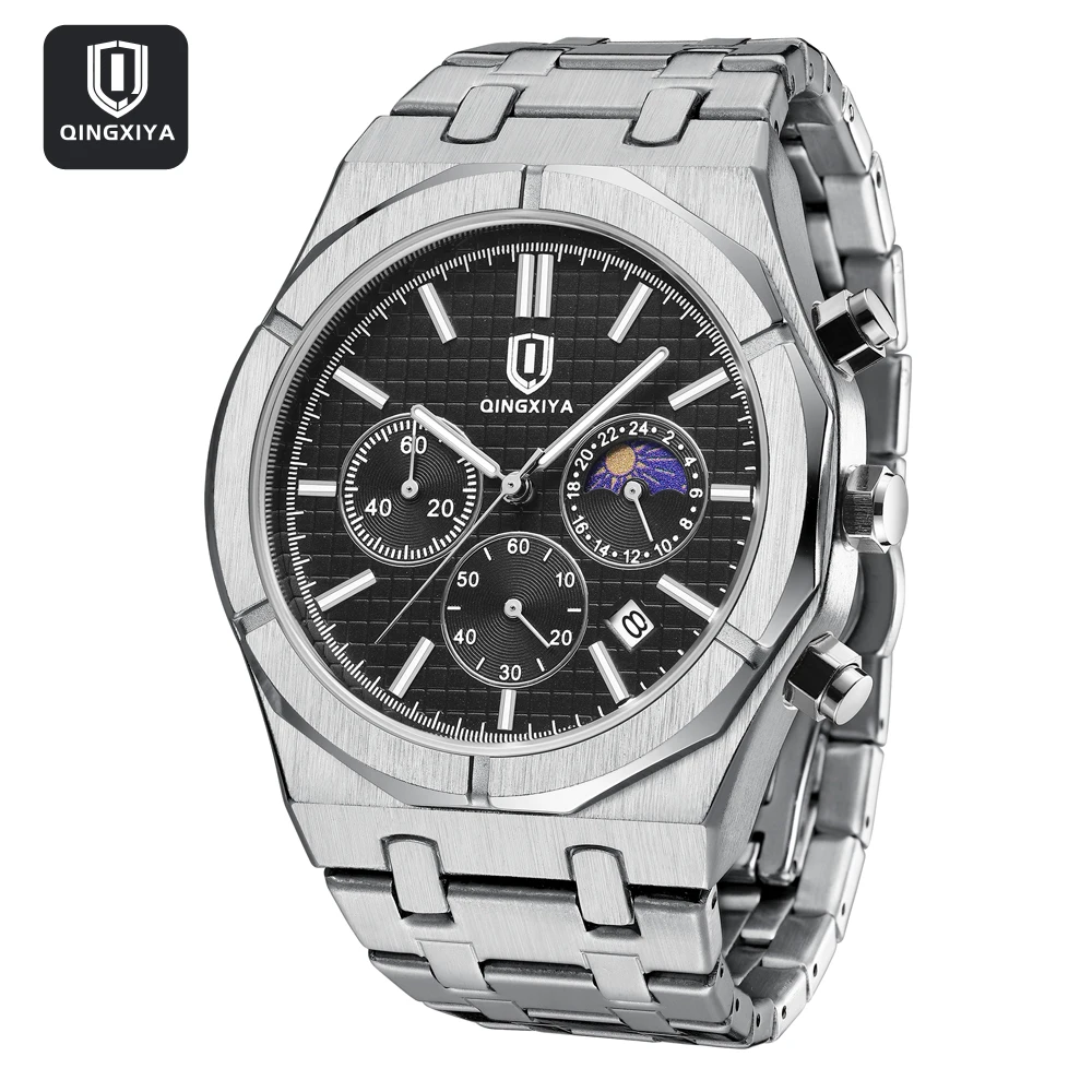 QINGXIYA Top Brand New Fashion Moon Phase Chronograph Watch for Men Waterproof Luxury Stainless Steel Date Quartz Watches Mens