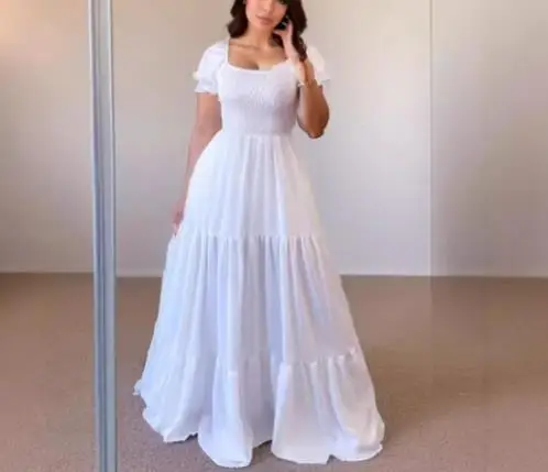 

Summer Elegant Square Collar with Mushroom Edge Decorative Collar, Bubble Sleeve Dress, Women's Slimming A-Line Banquet Dress