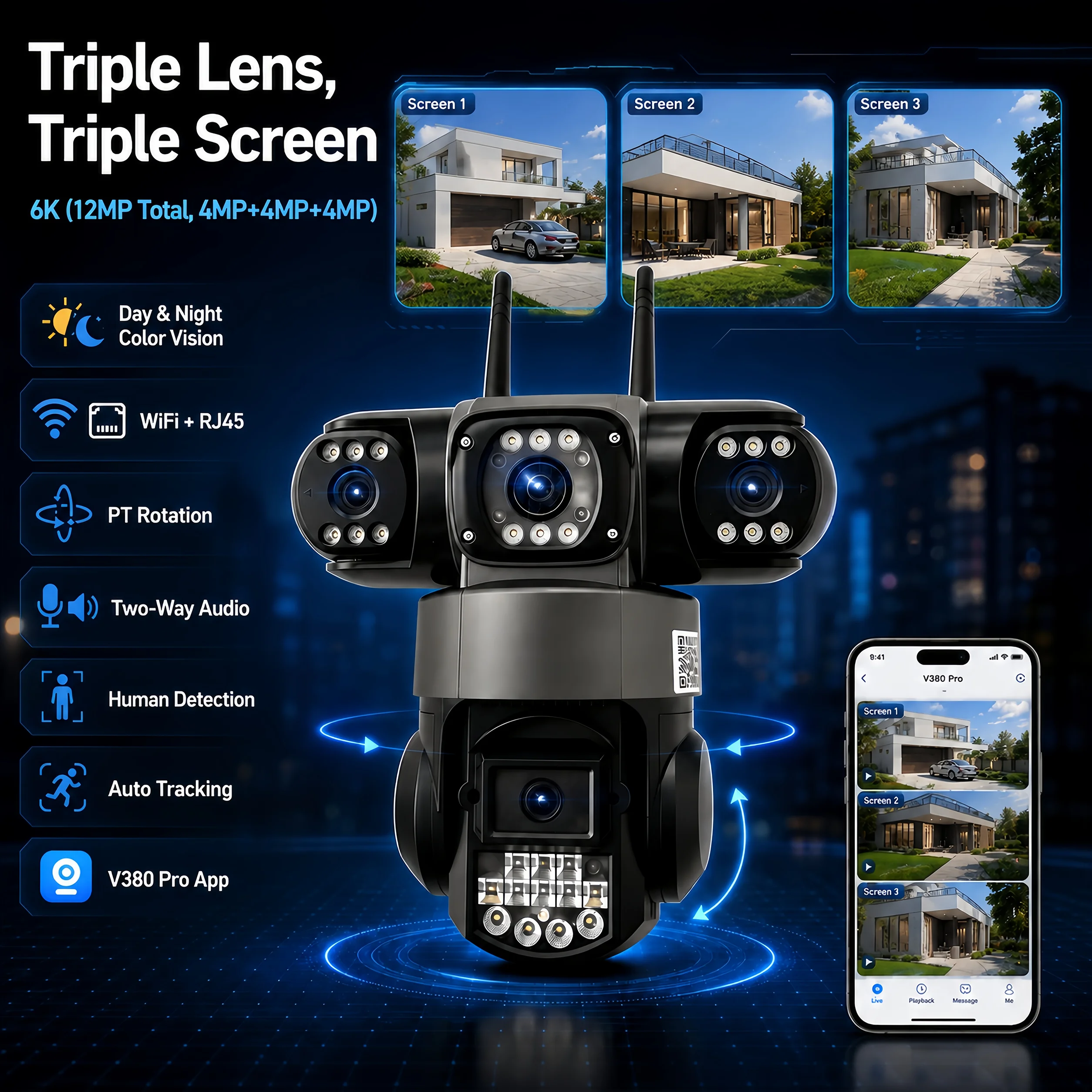 

6K 12MP WIFI IP Camera Outdoor 3 Lens 3 Screens 10X Zoom CCTV Wireless Video Surveillance Cameras 6K 12MP Security Protection