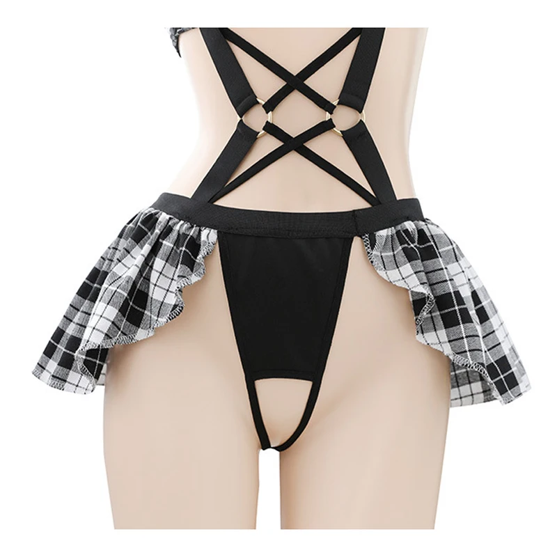 Women Anime Student School Unifrom Plaid Bodyuit Outfits Cosplay Costumes Sweet Peplum Skirt Role Play Bodysuit