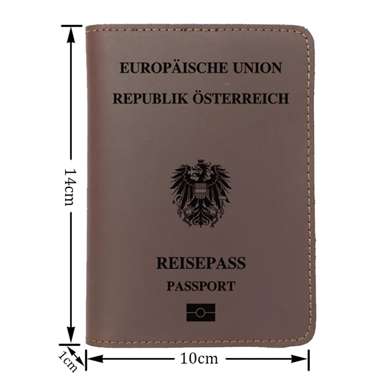 غلاف جواز سفر مصنوع يدويًا من الجلد الطبيعي ، محفظة عتيقة ، اسم نقش ، حامل بطاقة جمهورية النمسا