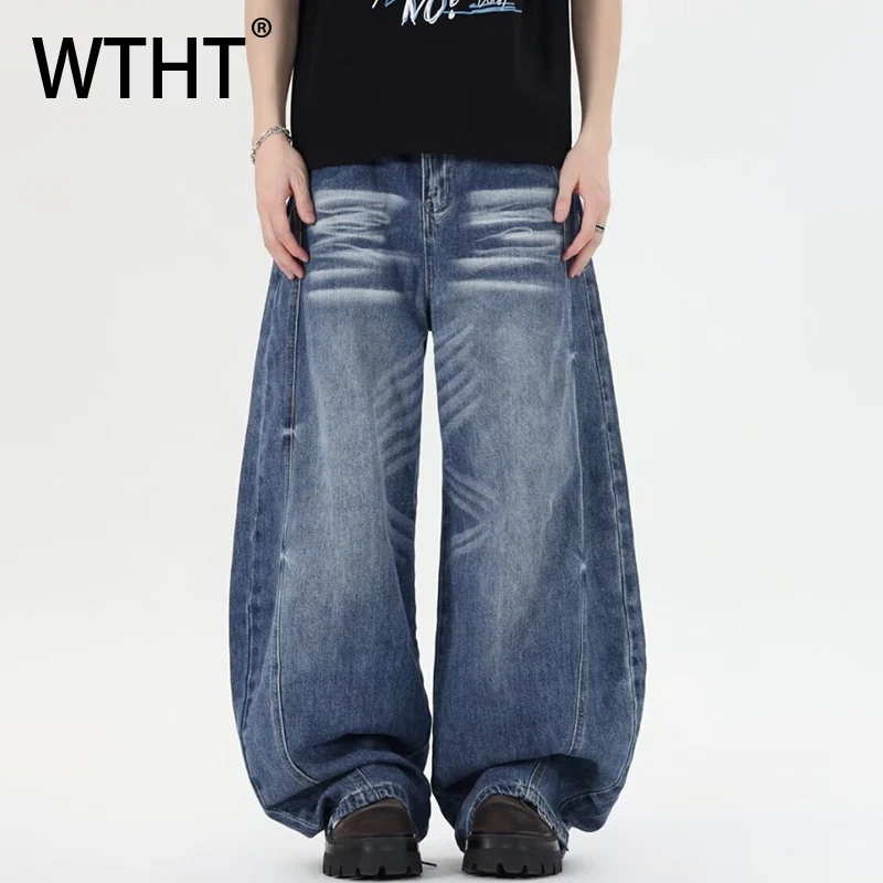 

WTHT Fashion 2025 Summer Men's Gradient Loose Do Olde Denim Pants Vintage American Style High-waisted Wide Leg Jeans Male 2A0857