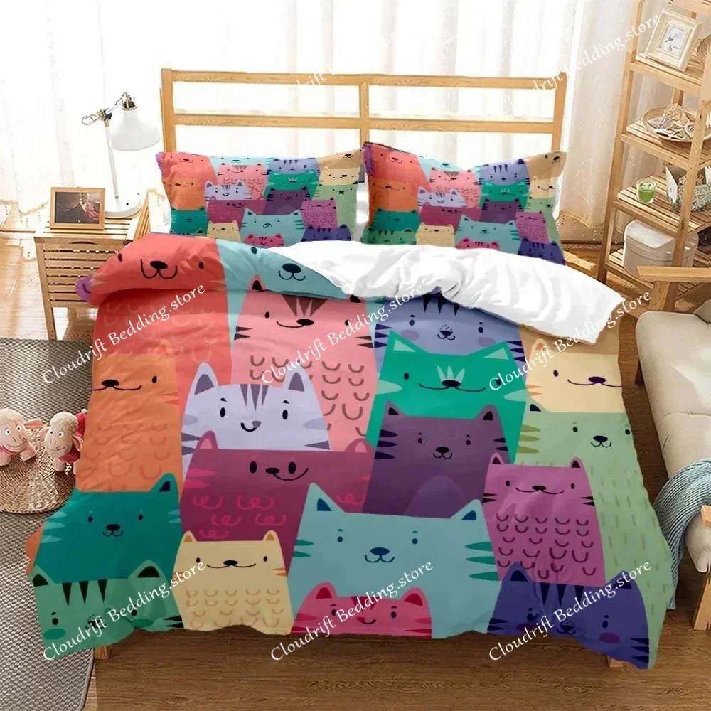 

Cute Cat Print Quilt Cover Pillow Cover Bedding Set Luxury Queen Bedding Set Cute Style Customized Boys Bedding Set