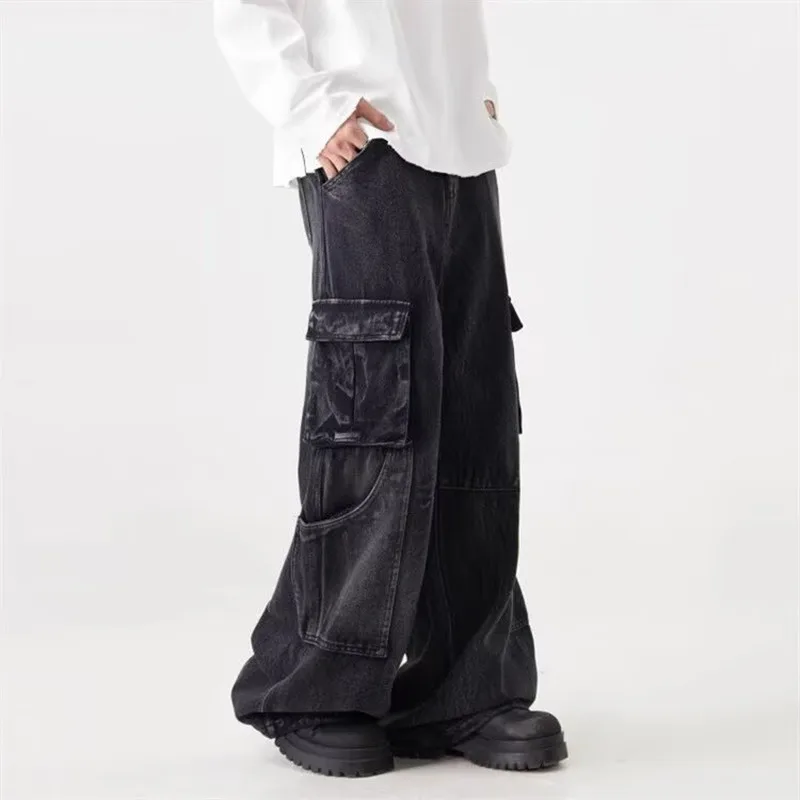 2025 아메리칸 레트로 Y2K 스트리트웨어 워시드 블랙 배기 카고 진 남성 의류 와이드 레그 스트레이트 바지 로파 옴브레