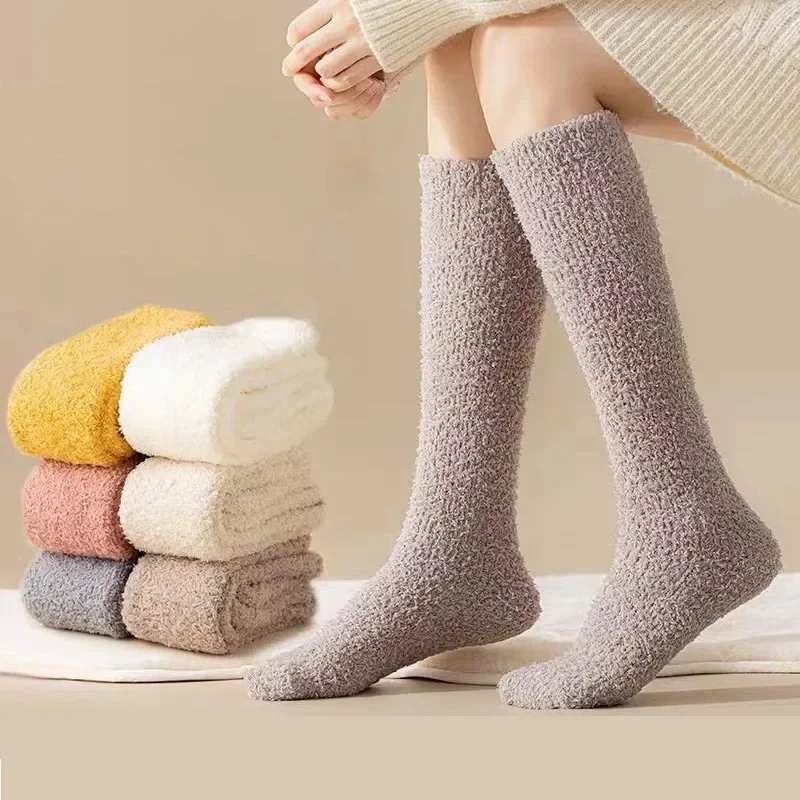 

Winter Warm Coral Fleece Long Women's Socks Thick Candy Kawaii Plush Home Anti-slip Floor Sock Casual Simple Sleep Unisex Sox