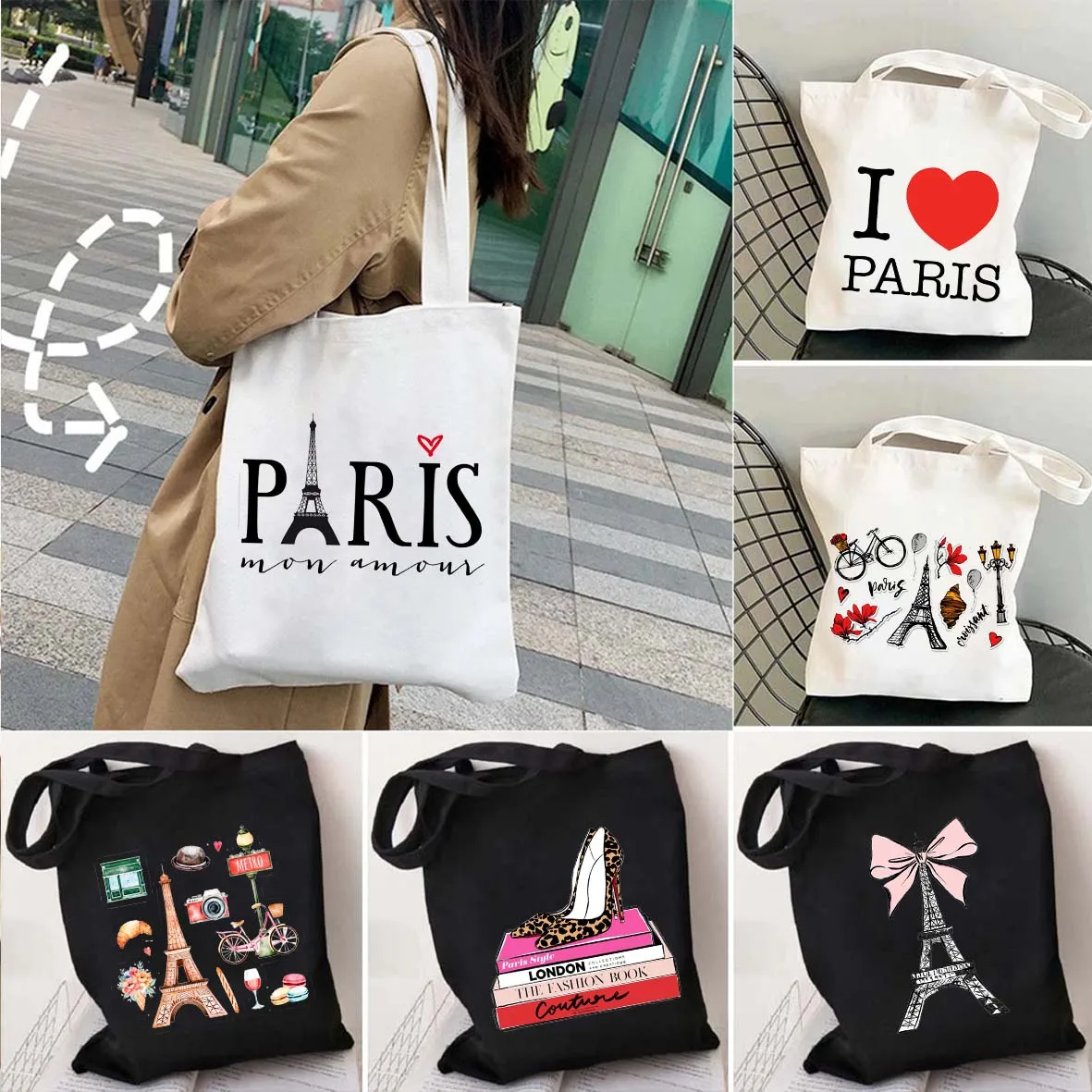 

Vintage Eiffel Tower Paris France Girl Drawing Cute Love Heart Women's Shoulder Tote Female Bag Shopper Canvas Shopping Handbags