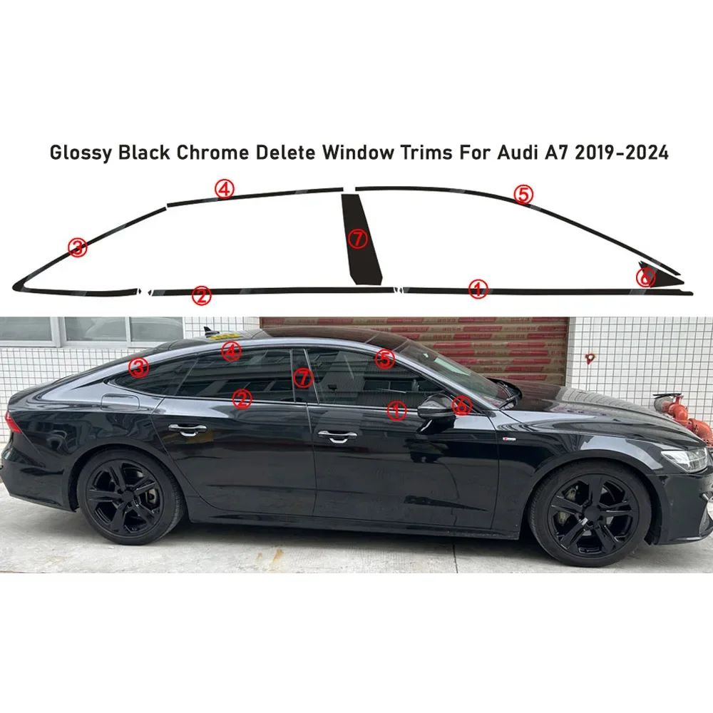 Glossy Black PVC Car Window Decorative Strip Sticker For Audi A7 4K 2019-2024 Exterior Protection Accessory view 6