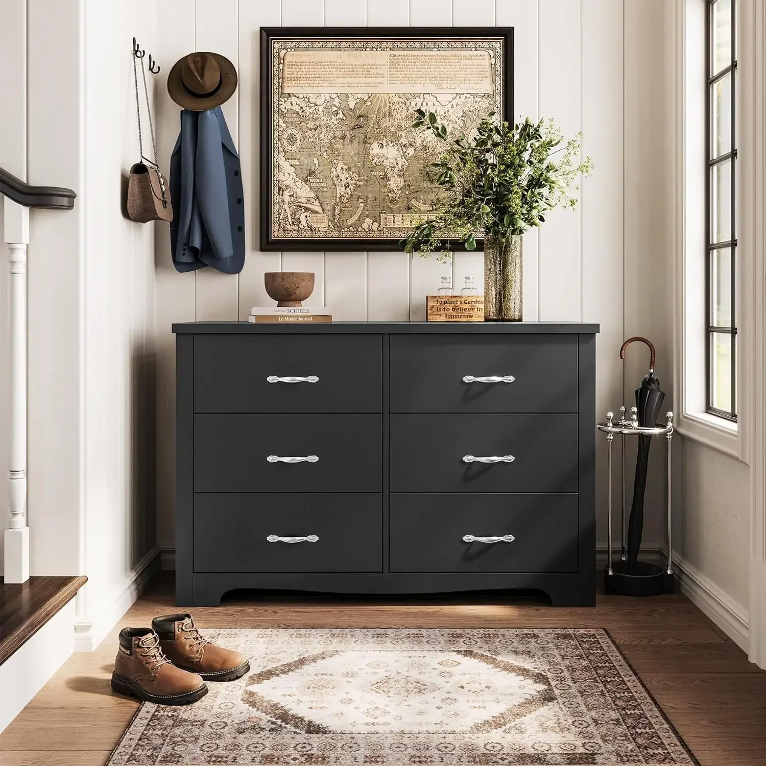 Linsy Home 6 Drawer Dresser, Black Dresser For Bedroom, Modern Double Dresser Organizer, Black Wood Dresser Chest Of Drawers