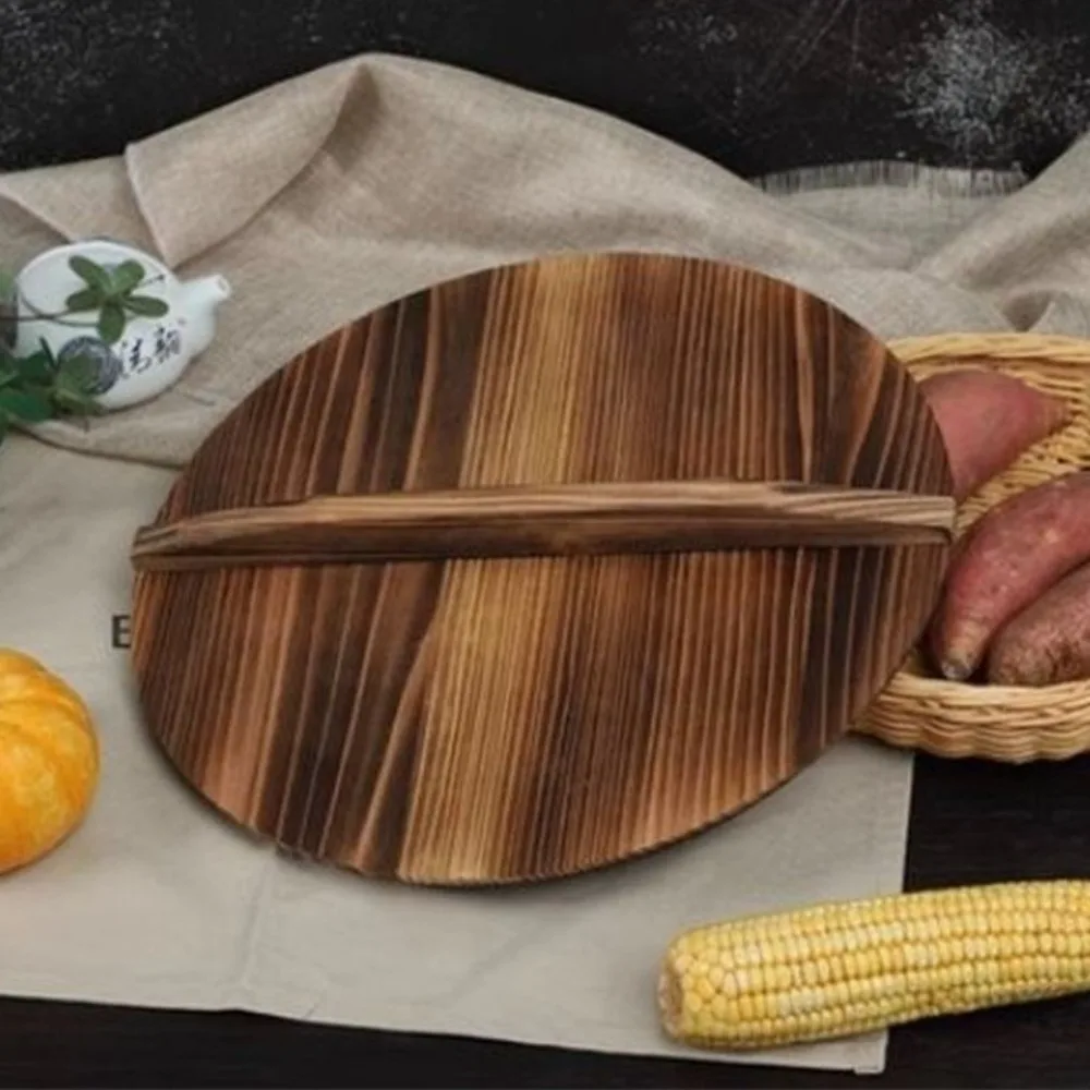 Traditional Universal Wooden Pot Cover 22-34cm Anti Scalding Iron Wok Pan Lid Round Fir Wood Pot Lid Kitchen Accessories