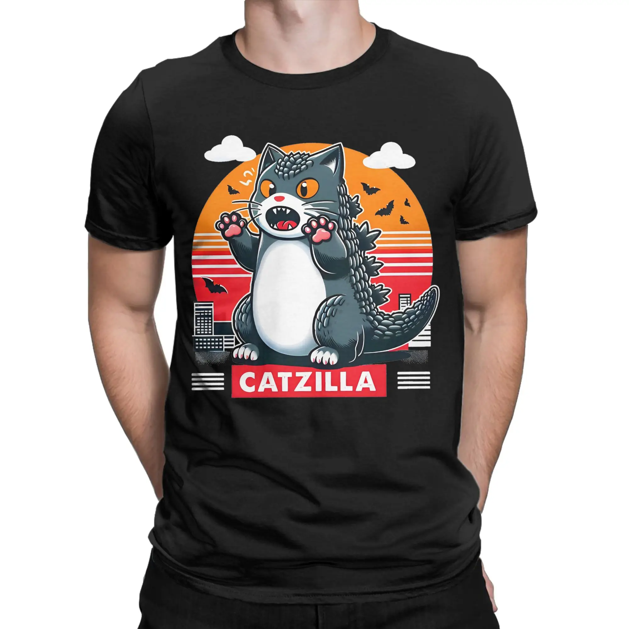 Men Women Catzilla cute T Shirt Kawaii Cat Catzilla Kitty Cat Lover Pure Cotton Tops Novelty Short Sleeve O Neck Tee Shirt
