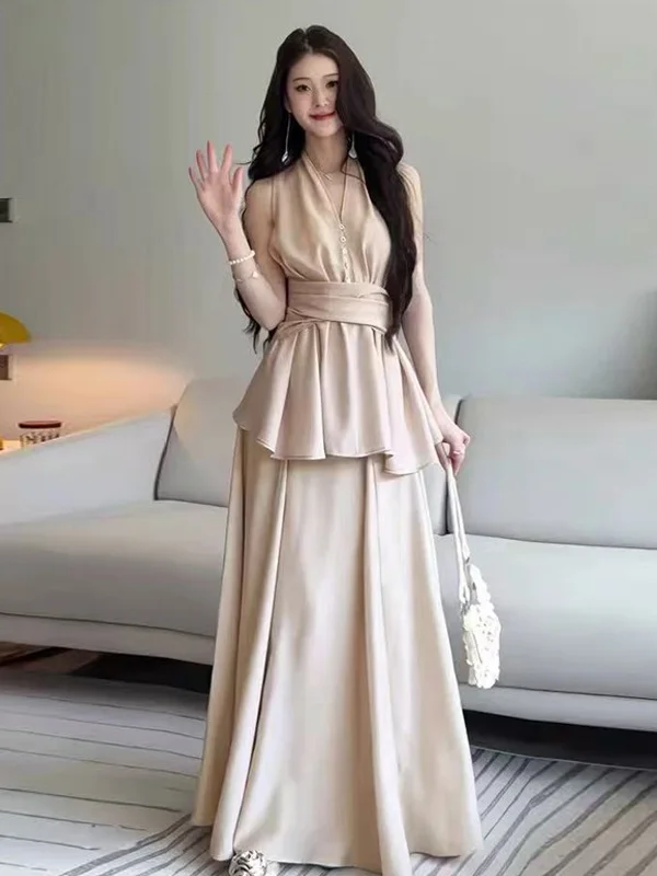 

Элегантное летнее платье-жилет без рукавов для женщин, новинка 2025 года, высококачественный комплект с завышенной талией, модный костюм-двойка с длинным платьем