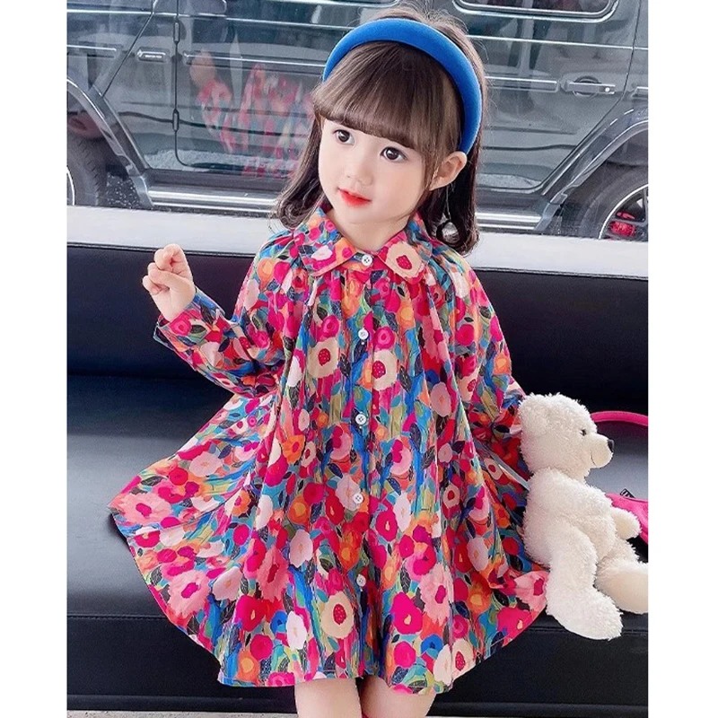 New Spring Autumn Oil Painting Style Girls Dress Full Sleeve Full Flower Print Princess Dress For 2-6 Years Kids Party Gown