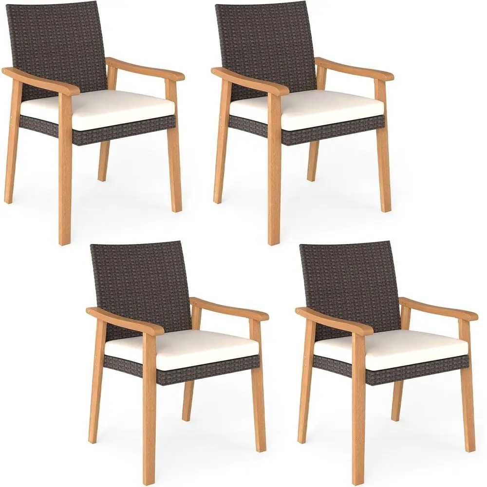 

4-Piece Outdoor Wicker Dining Set with Cushions, PE Rattan Chairs, Acacia Wood Arms, Metal Frame for Patio, Garden, and Poolside