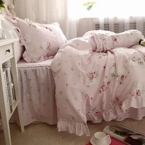 New Sweet pink LOVE bedding set rustic ruffle duvet cover print quilt cover elegant wrinkle bed sheet bedspread princess bedding