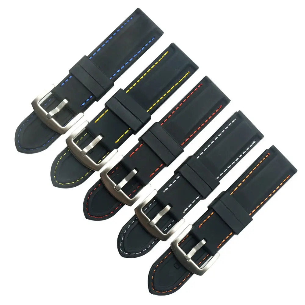 남녀공용 실리콘 플랫 범용 시계 밴드, 방수 소프트 핀 버클 스트랩, 블랙 스포츠 라인 시계 밴드, 20mm, 22mm, 24mm, 26mm