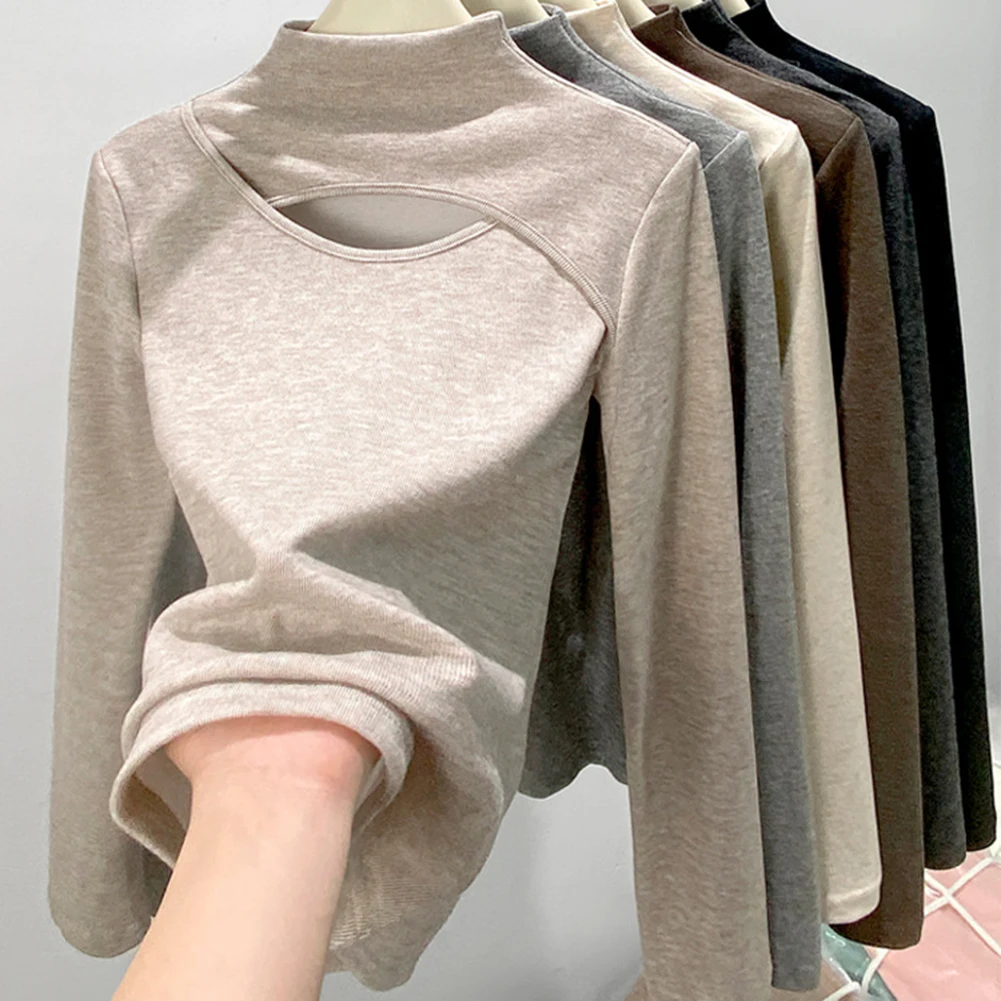 Womens long sleeve half high collar top with hollow stitching hole design bottoming shirt for spring summer autumn winter use