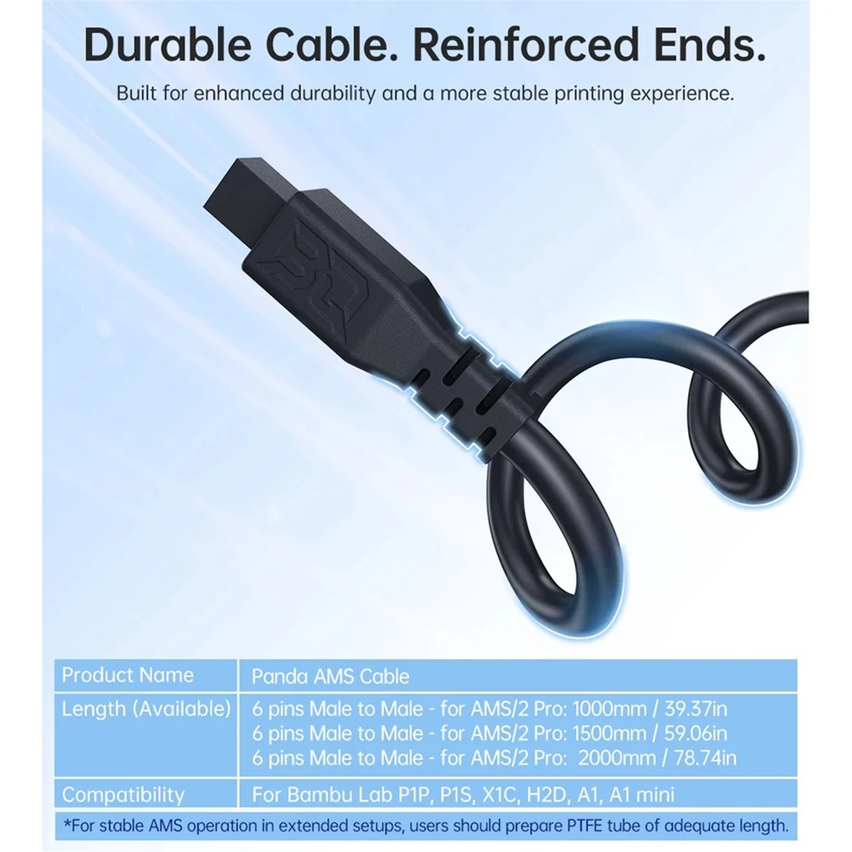 A14M  Upgrades 6 Pins Male to Male Panda Cable with Magnetic Ring for P1P P1S X1C H2D A1 A1 Mini,1000mm